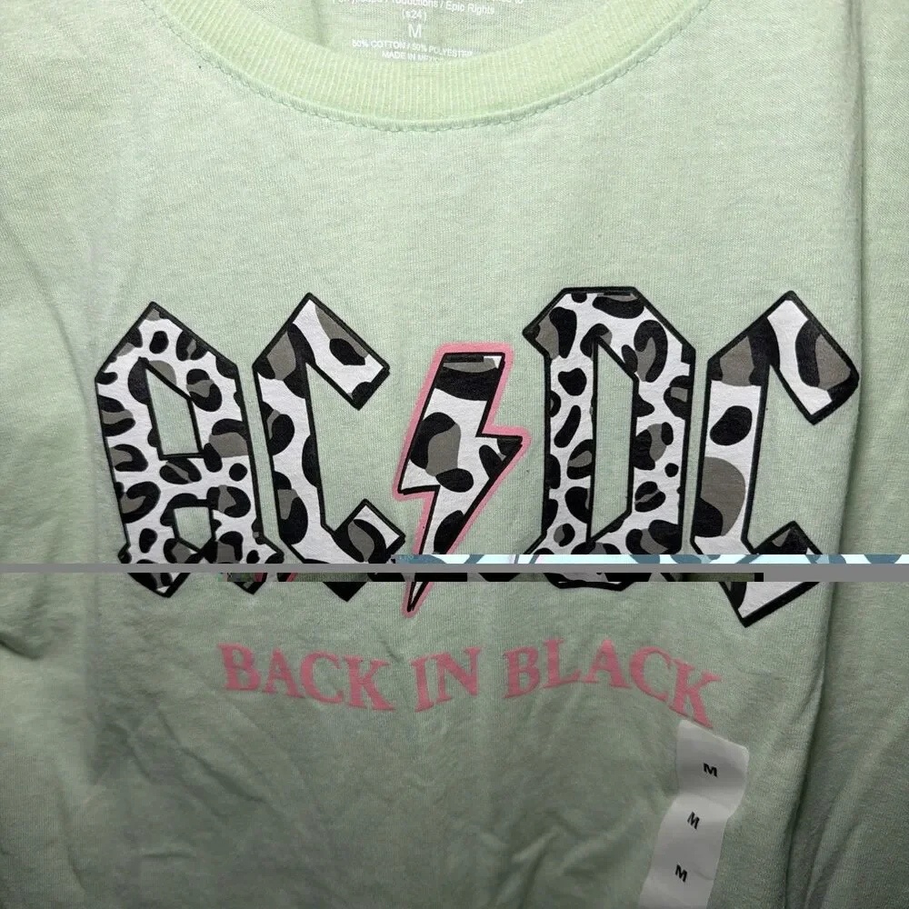 NEW GIRLS SAGE GREEN ACDC AC/DC‎ CROPPED T-SHIRT SIZE Medium 8